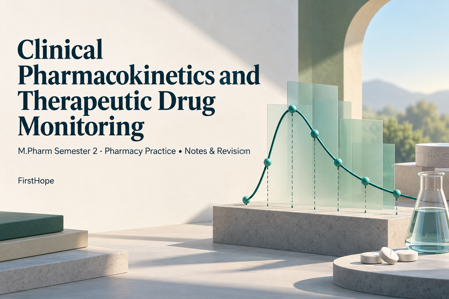 architectural model cover titled Clinical Pharmacokinetics and Therapeutic Drug Monitoring, with M.Pharm Semester 2 · Pharmacy Practice Notes & Revision and FirstHope branding.