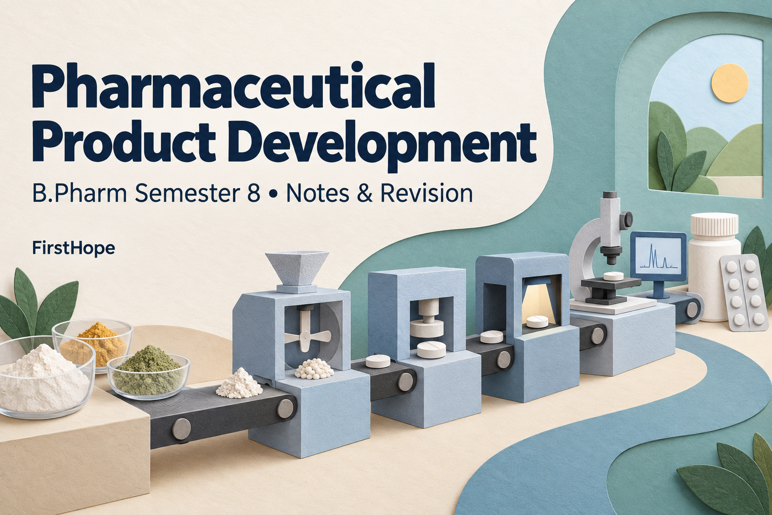 layered paper art cover titled Pharmaceutical Product Development, with B.Pharm Semester 8 Notes & Revision and FirstHope branding.