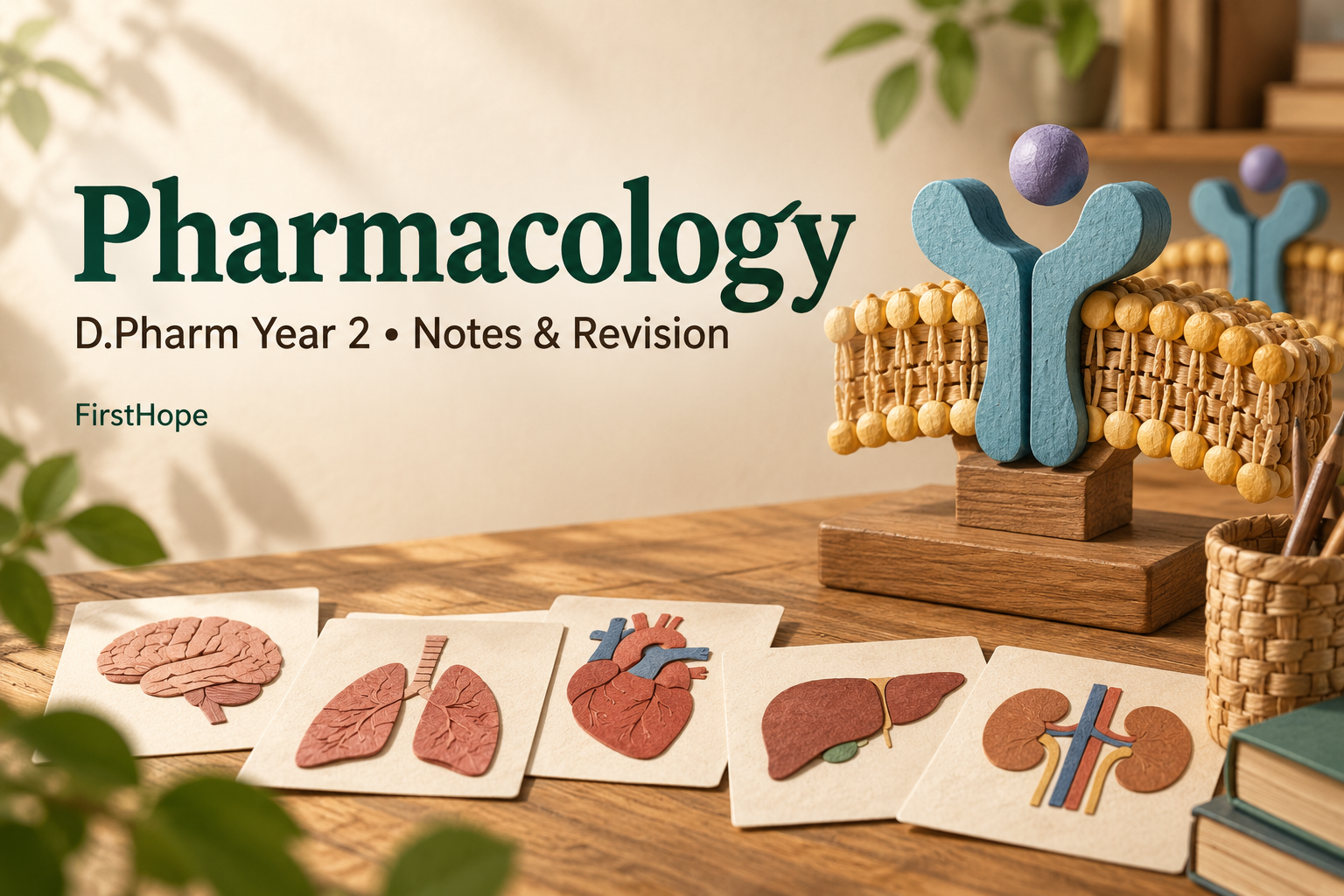 wood and woven paper cover titled Pharmacology, with D.Pharm Year 2 Notes & Revision and FirstHope branding.