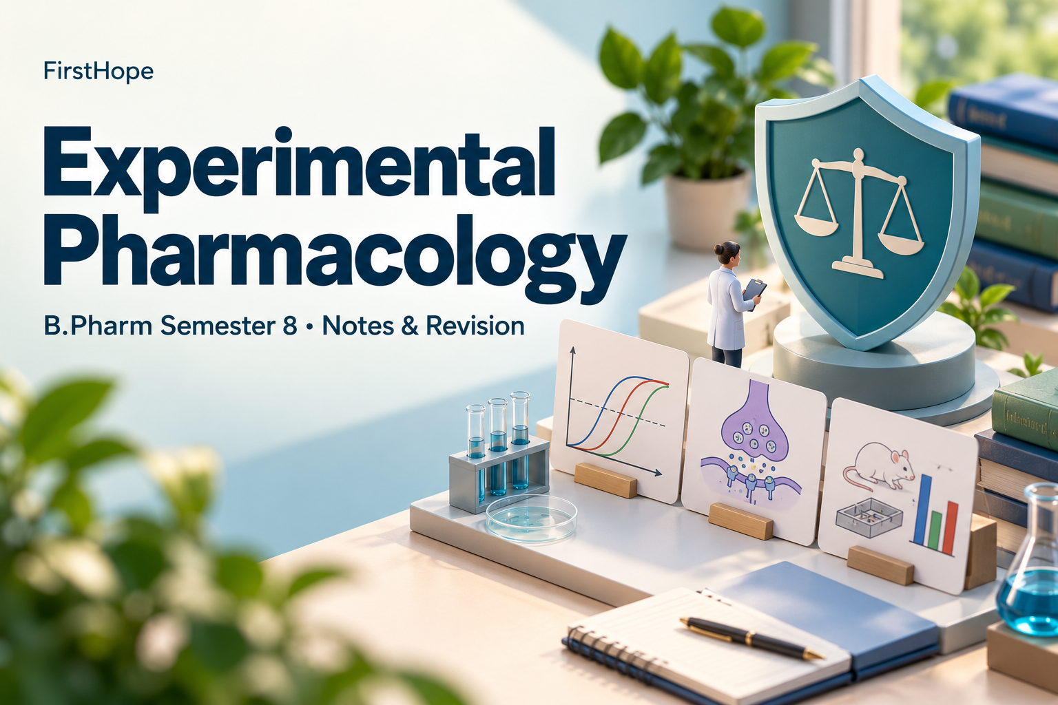 isometric miniature cover titled Experimental Pharmacology, with B.Pharm Semester 8 Notes & Revision and FirstHope branding.