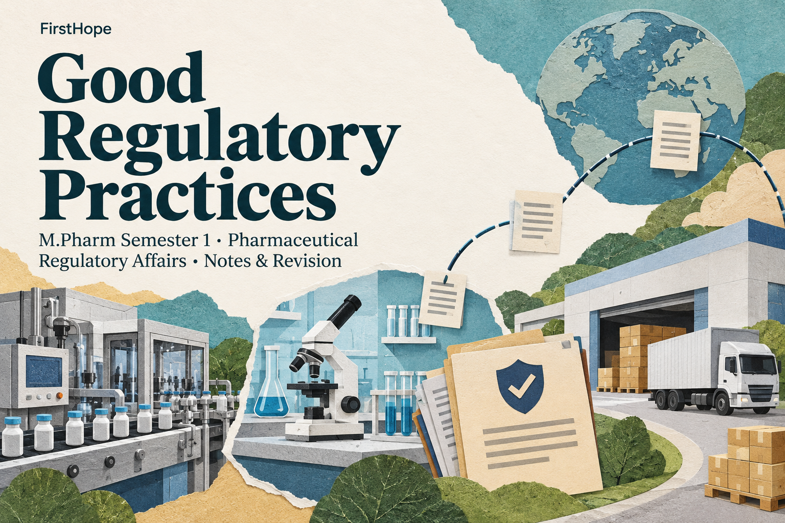 editorial collage cover titled Good Regulatory Practices, with M.Pharm Semester 1 · Pharmaceutical Regulatory Affairs Notes & Revision and FirstHope branding.