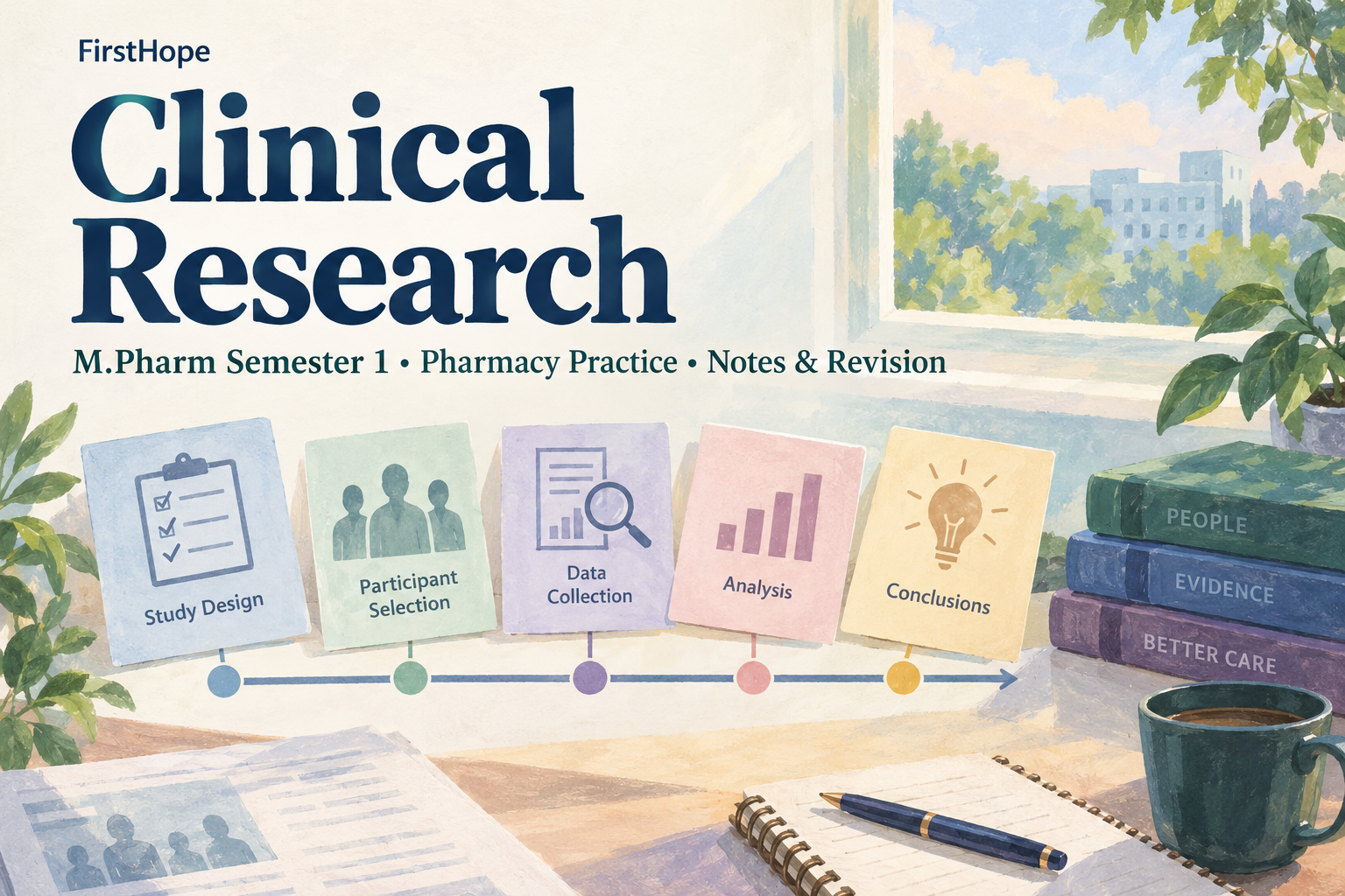pastel gouache cover titled Clinical Research, with M.Pharm Semester 1 · Pharmacy Practice Notes & Revision and FirstHope branding.