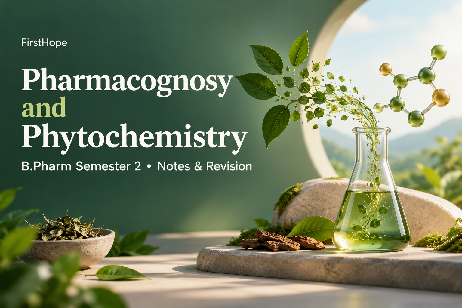 vivid 3D abstract cover titled Pharmacognosy and Phytochemistry, with B.Pharm Semester 2 Notes & Revision and FirstHope branding.