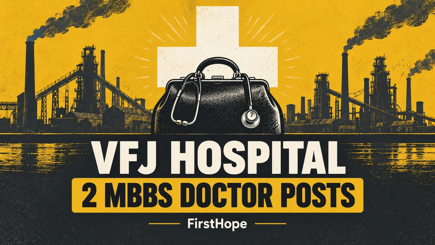 Ordnance Factory Hospital, VFJ Jabalpur MBBS Doctor recruitment cover with clear text and a distinct editorial illustration, FirstHope.