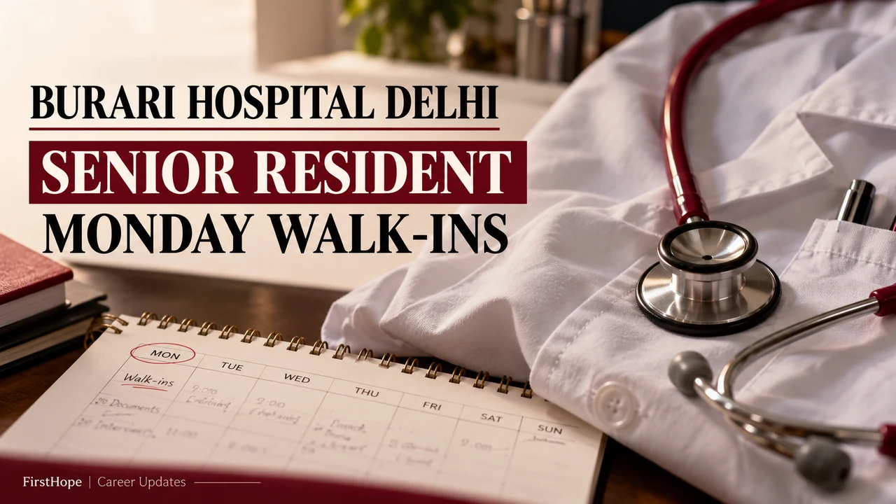Burari Hospital Senior Resident cover with a stethoscope and Monday walk-in calendar.