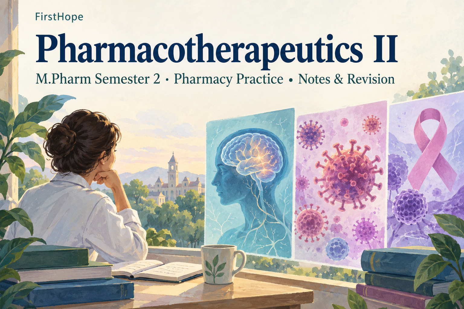 pastel gouache cover titled Pharmacotherapeutics II, with M.Pharm Semester 2 · Pharmacy Practice Notes & Revision and FirstHope branding.