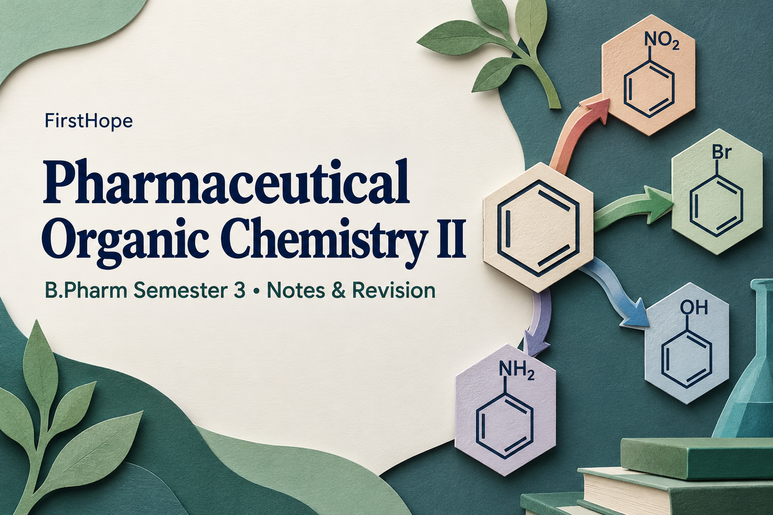 layered paper art cover titled Pharmaceutical Organic Chemistry II, with B.Pharm Semester 3 Notes & Revision and FirstHope branding.