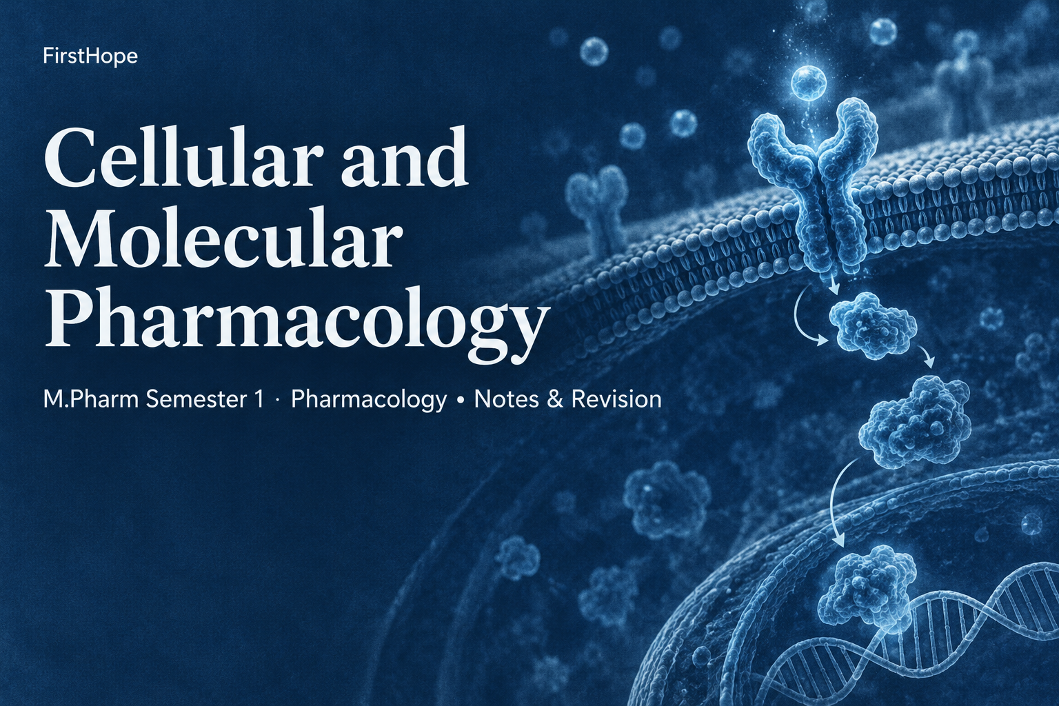 botanical cyanotype cover titled Cellular and Molecular Pharmacology, with M.Pharm Semester 1 · Pharmacology Notes & Revision and FirstHope branding.