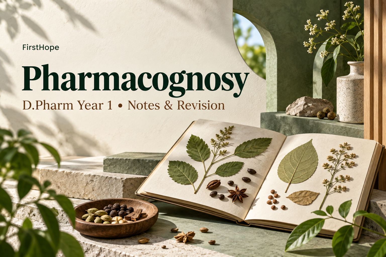 architectural model cover titled Pharmacognosy, with D.Pharm Year 1 Notes & Revision and FirstHope branding.