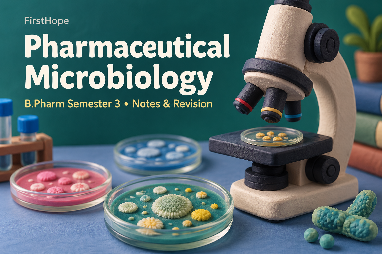clay sculpture cover titled Pharmaceutical Microbiology, with B.Pharm Semester 3 Notes & Revision and FirstHope branding.