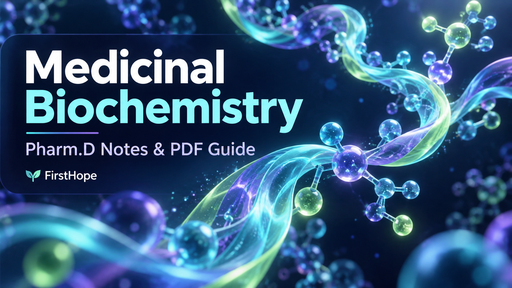 Luminous molecular ribbon art cover titled Medicinal Biochemistry, with Pharm.D Notes & PDF Guide and FirstHope branding.