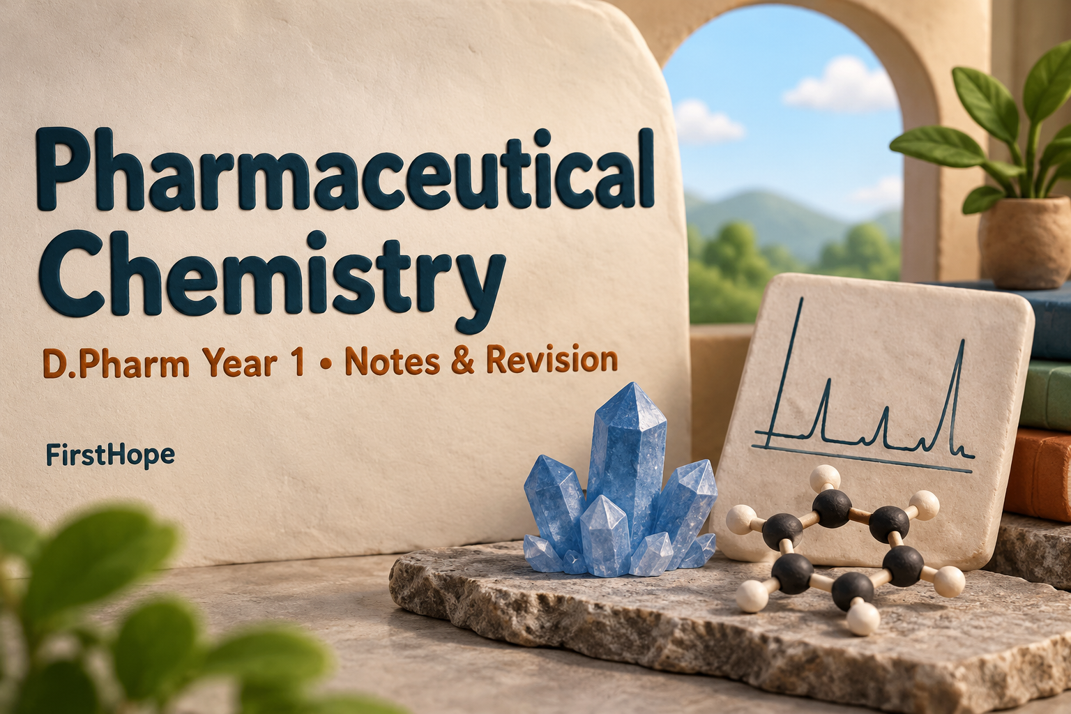 clay sculpture cover titled Pharmaceutical Chemistry, with D.Pharm Year 1 Notes & Revision and FirstHope branding.