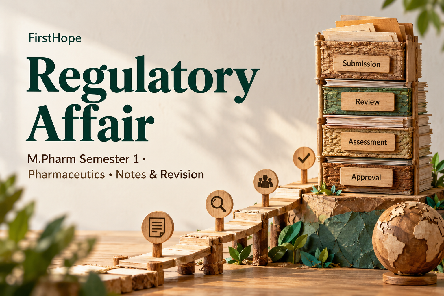 wood and woven paper cover titled Regulatory Affair, with M.Pharm Semester 1 · Pharmaceutics Notes & Revision and FirstHope branding.