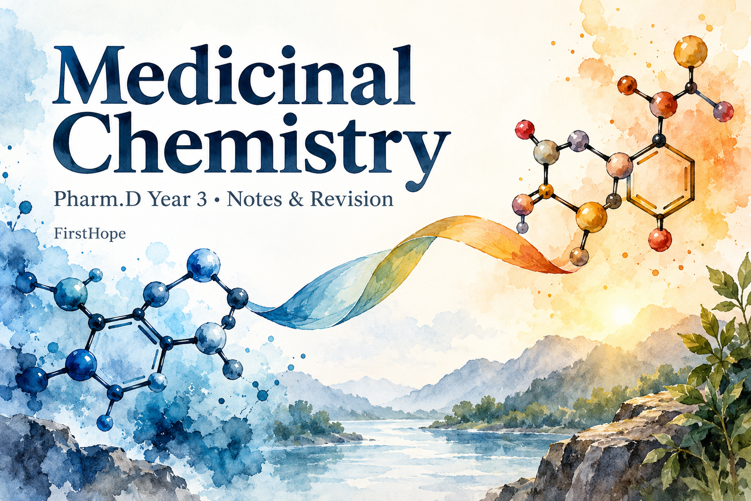 ink and watercolour cover titled Medicinal Chemistry, with Pharm.D Year 3 Notes & Revision and FirstHope branding.