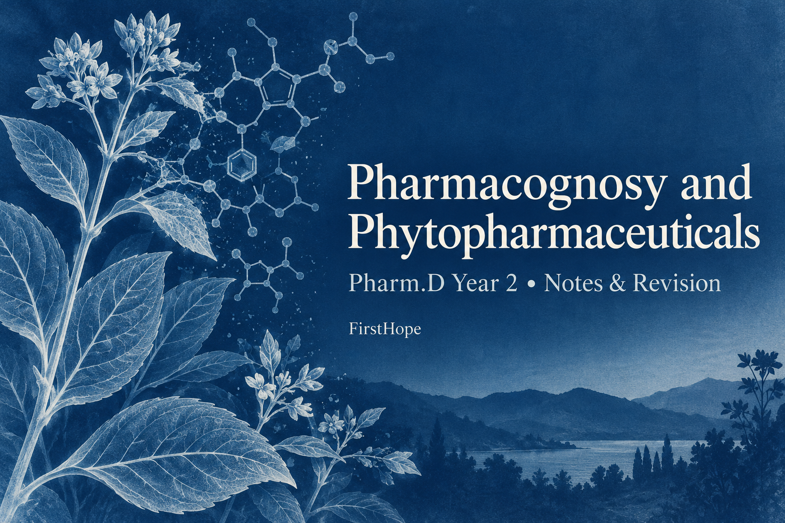 botanical cyanotype cover titled Pharmacognosy and Phytopharmaceuticals, with Pharm.D Year 2 Notes & Revision and FirstHope branding.