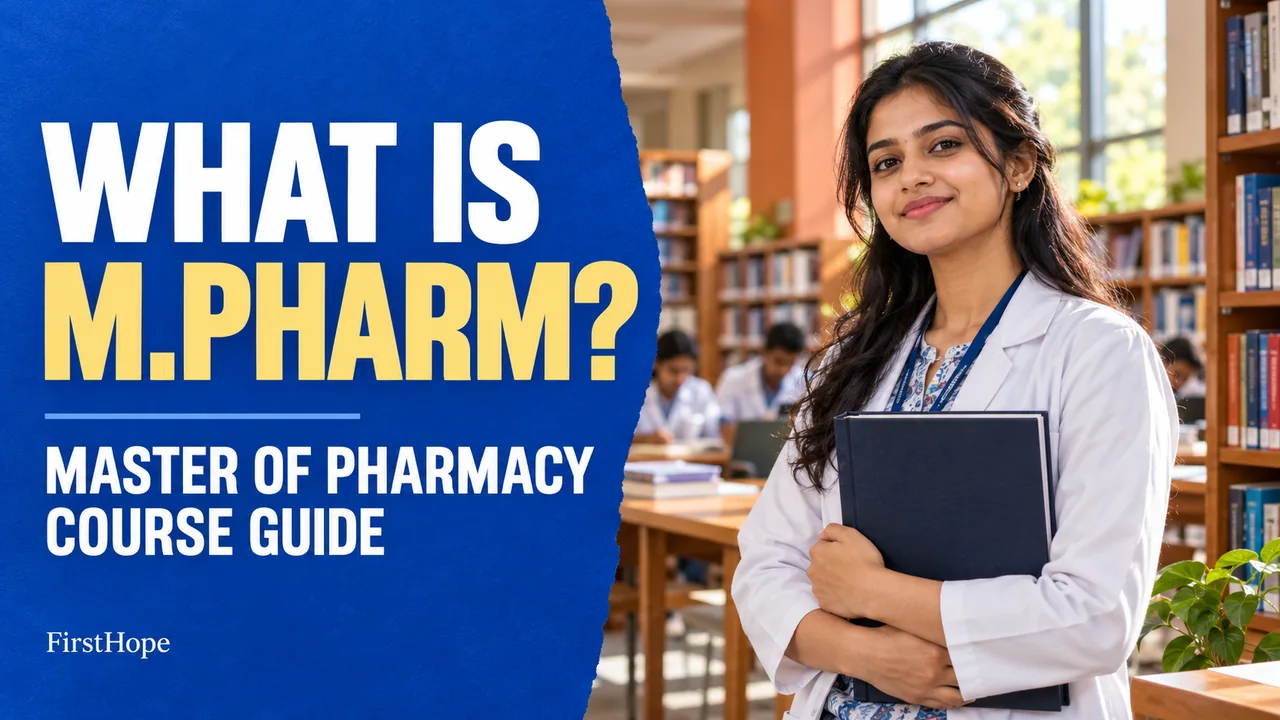 WHAT IS M.PHARM? — MASTER OF PHARMACY COURSE GUIDE beside a postgraduate student holding a thesis notebook in a library.