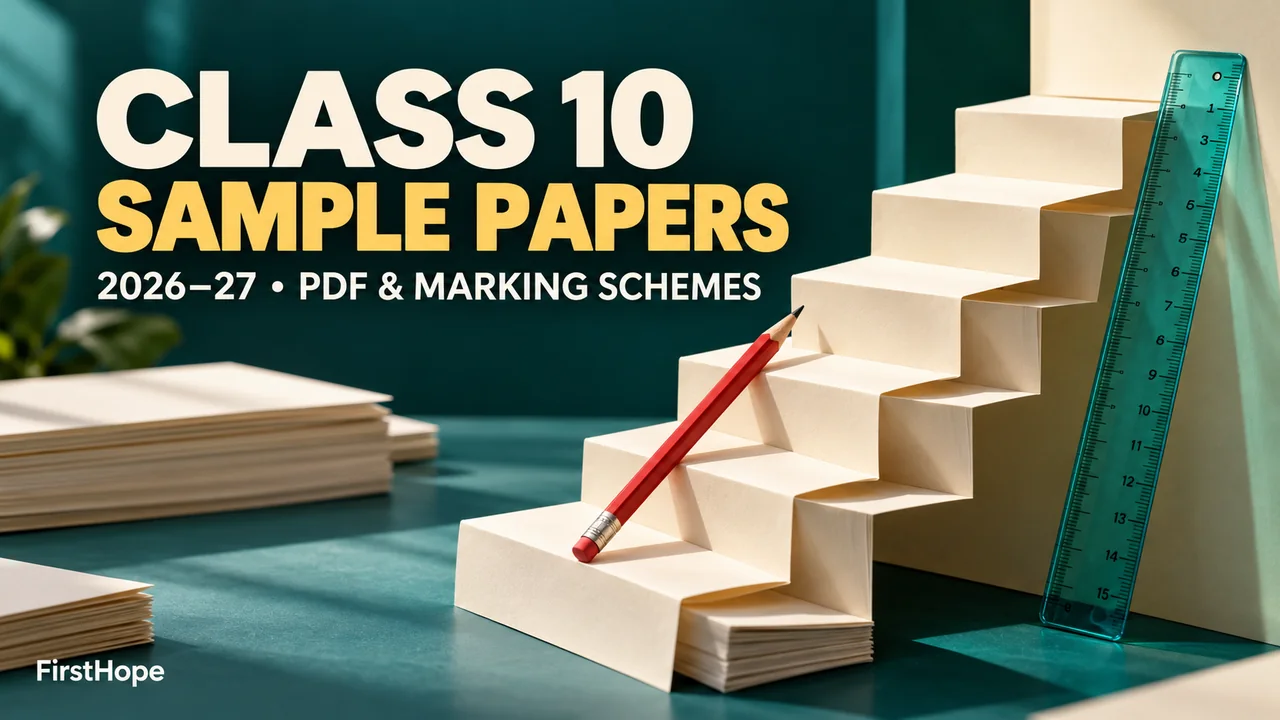 Class 10 sample-paper cover with a real paper staircase and the text CLASS 10 SAMPLE PAPERS — 2026–27 PDF & MARKING SCHEMES.