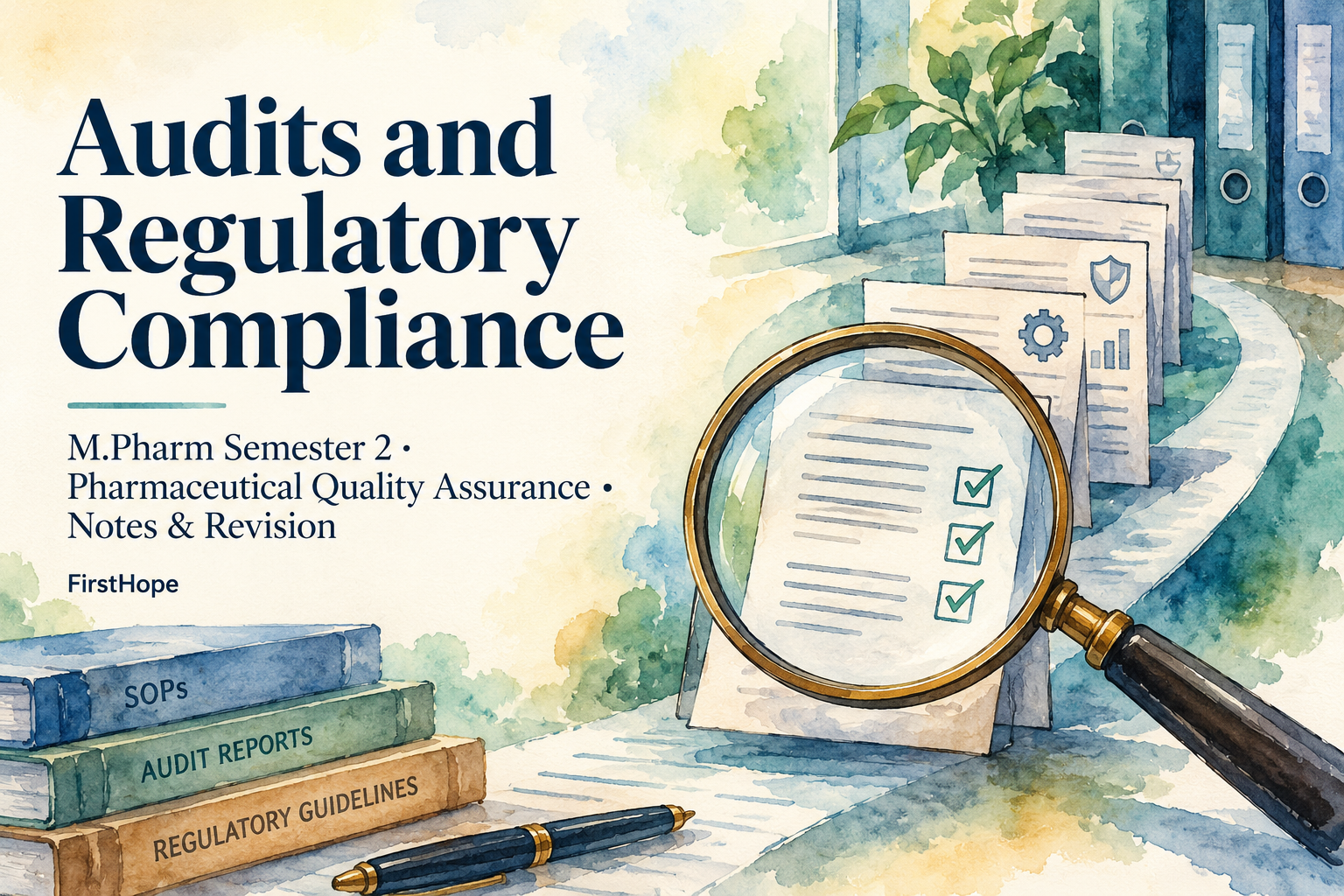 ink and watercolour cover titled Audits and Regulatory Compliance, with M.Pharm Semester 2 · Pharmaceutical Quality Assurance Notes & Revision and FirstHope branding.