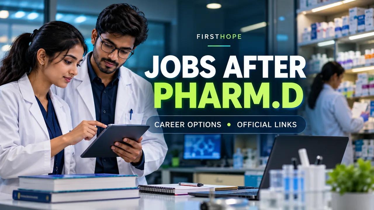 JOBS AFTER PHARM.D — CAREER OPTIONS AND OFFICIAL LINKS with pharmacy professionals reviewing a tablet.