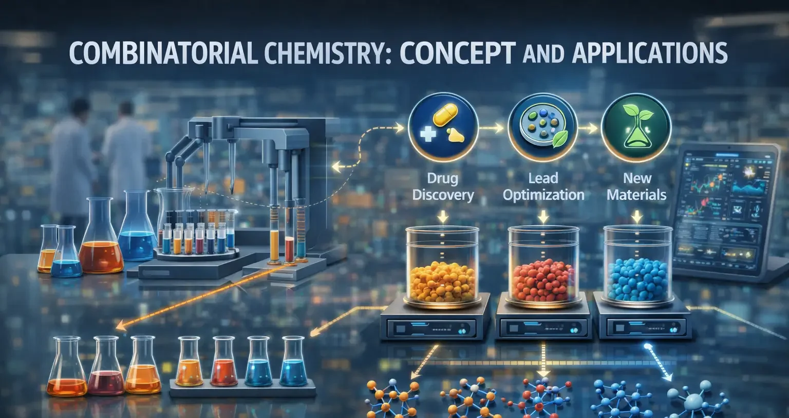 Combinatorial Chemistry: Concept and Applications explain rapid synthesis and screening of large compound libraries in drug discovery.