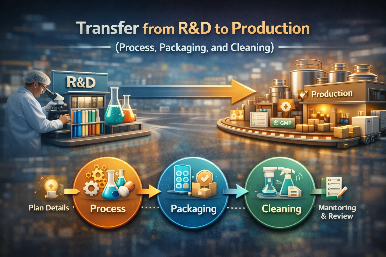 Transfer from R&D to Production (Process, Packaging, and Cleaning)